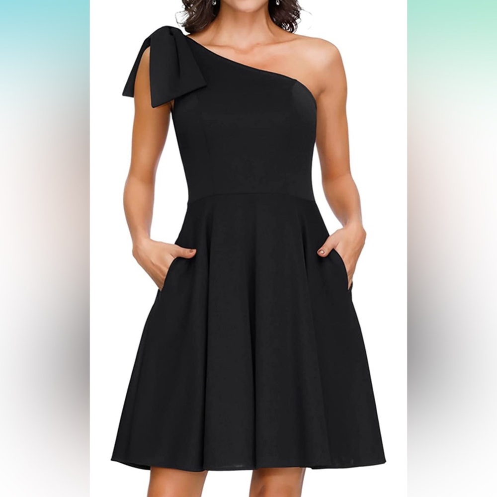 Women's Bow One Shoulder Dress with Pockets A-line Cocktail Party Dress, Black